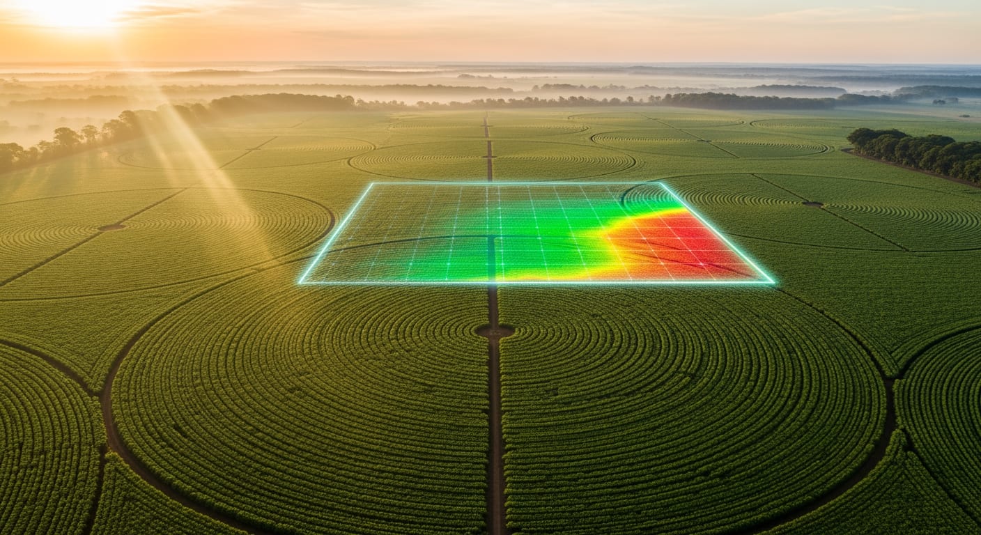 Vista aérea de lavouras brasileiras em padrão geométrico ao amanhecer dourado, na época da colheita